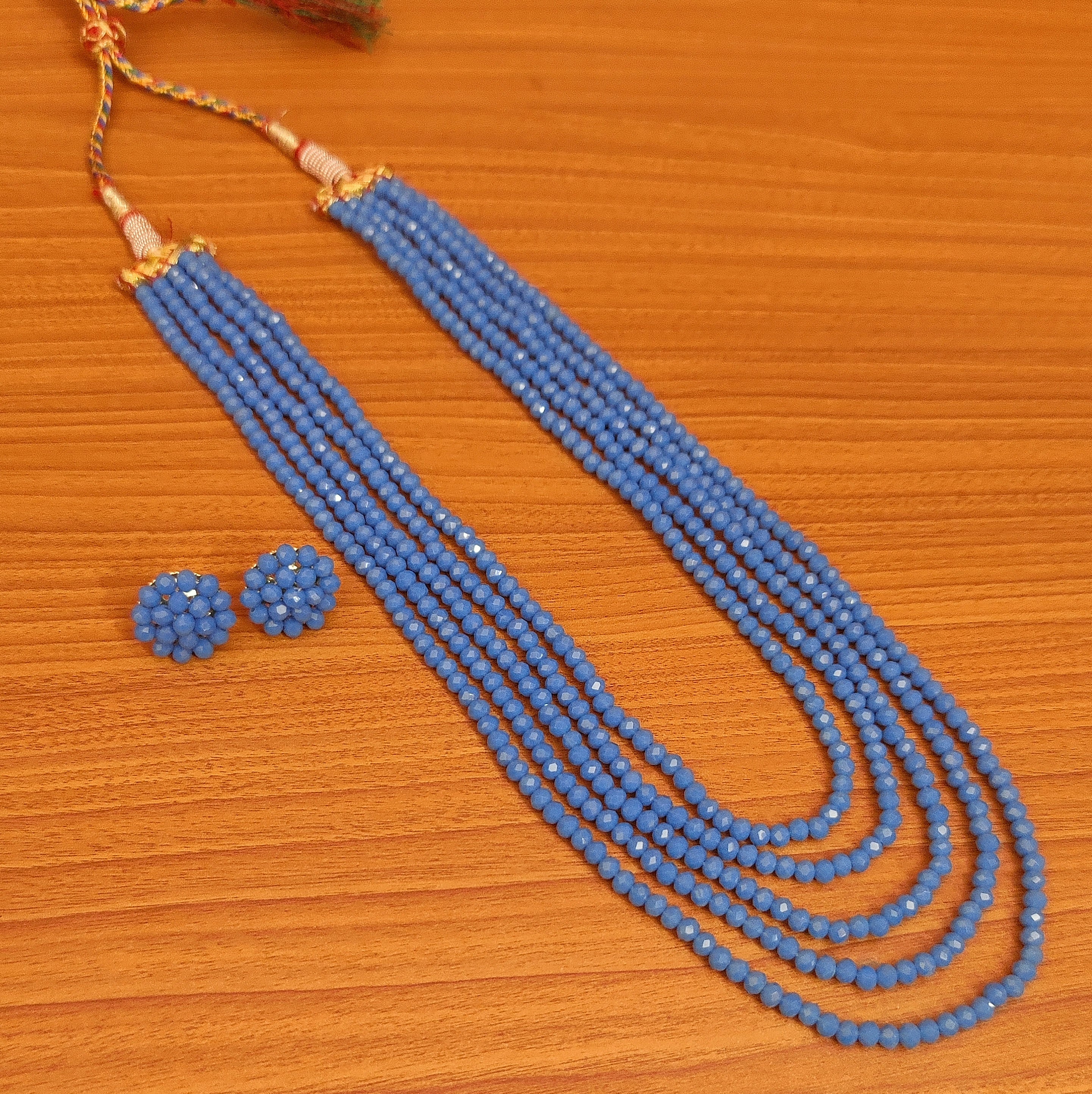 Kundan Pendant and strings of Blue beads Necklace with Earrings Set